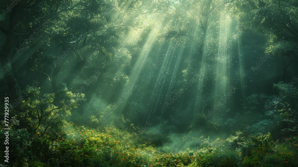 Obraz premium Enchanting forests with rays of sunlight, fairytale vibes