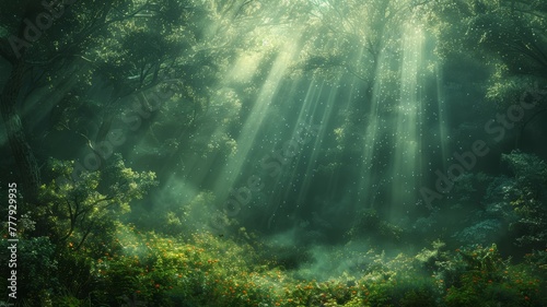 Enchanting forests with rays of sunlight  fairytale vibes