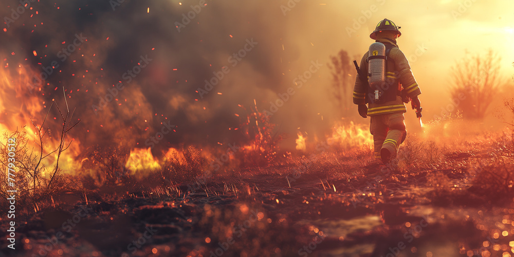 Fototapeta premium A firefighter walks through intense flames and embers during a wildfire.
