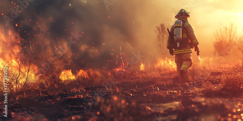 A firefighter walks through intense flames and embers during a wildfire. 