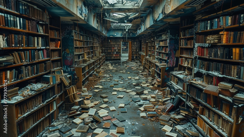 Post-apocalyptic library, books salvaged for survival knowledge Post-apocalyptic library, books salvaged for survival knowledge