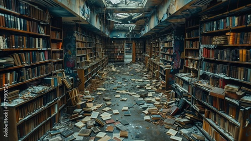 Post-apocalyptic library, books salvaged for survival knowledge photo