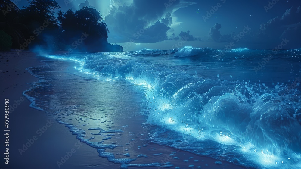 Fototapeta premium Glowing waves on a tropical night beach, bioluminescent marine plankton