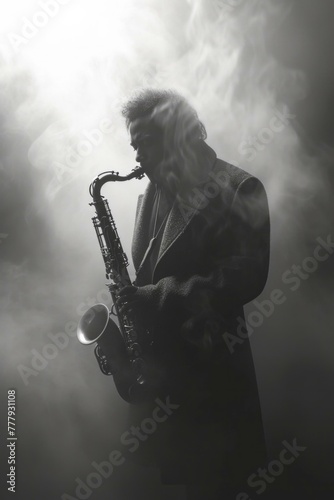 A man playing a saxophone in the foggy air. Generative AI.