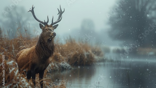 wildlife conservation in a digital nature reserve, a deer standing in a field next to a body of water photo