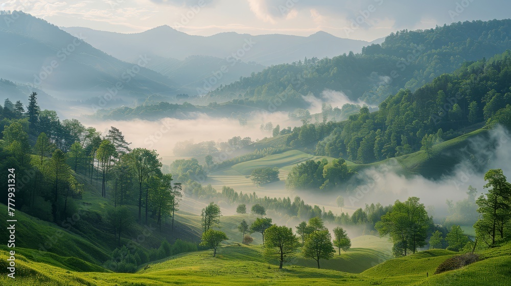 Fototapeta premium Serene Easter morning in a misty mountain valley