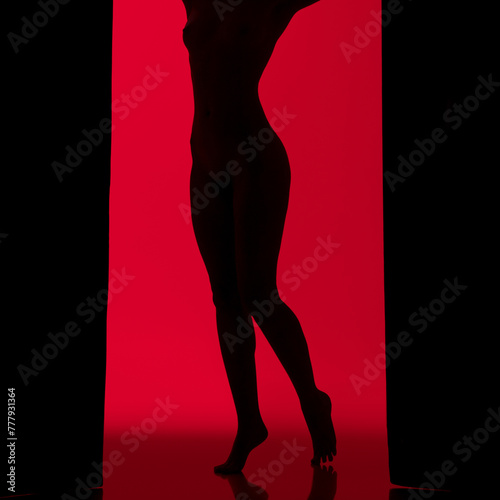Girl in a hat silhouette view against red wall