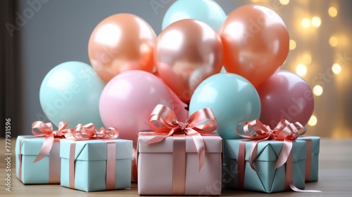 3D party balloons in pastel colors with gift boxes, festive mood