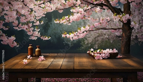 blossom in spring charm of Japanese cherry blossoms with an empty dark wooden table adorned by the delicate blooms, background , blooming, color, design, summer, architectur photo