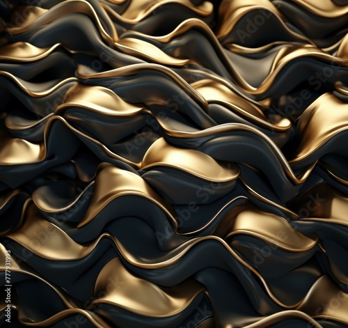 A close up of a gold and black background with waves. Generative AI.
