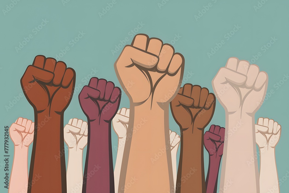 People raise fists in solidarity, symbolizing unity and strength - obrazy, fototapety, plakaty 