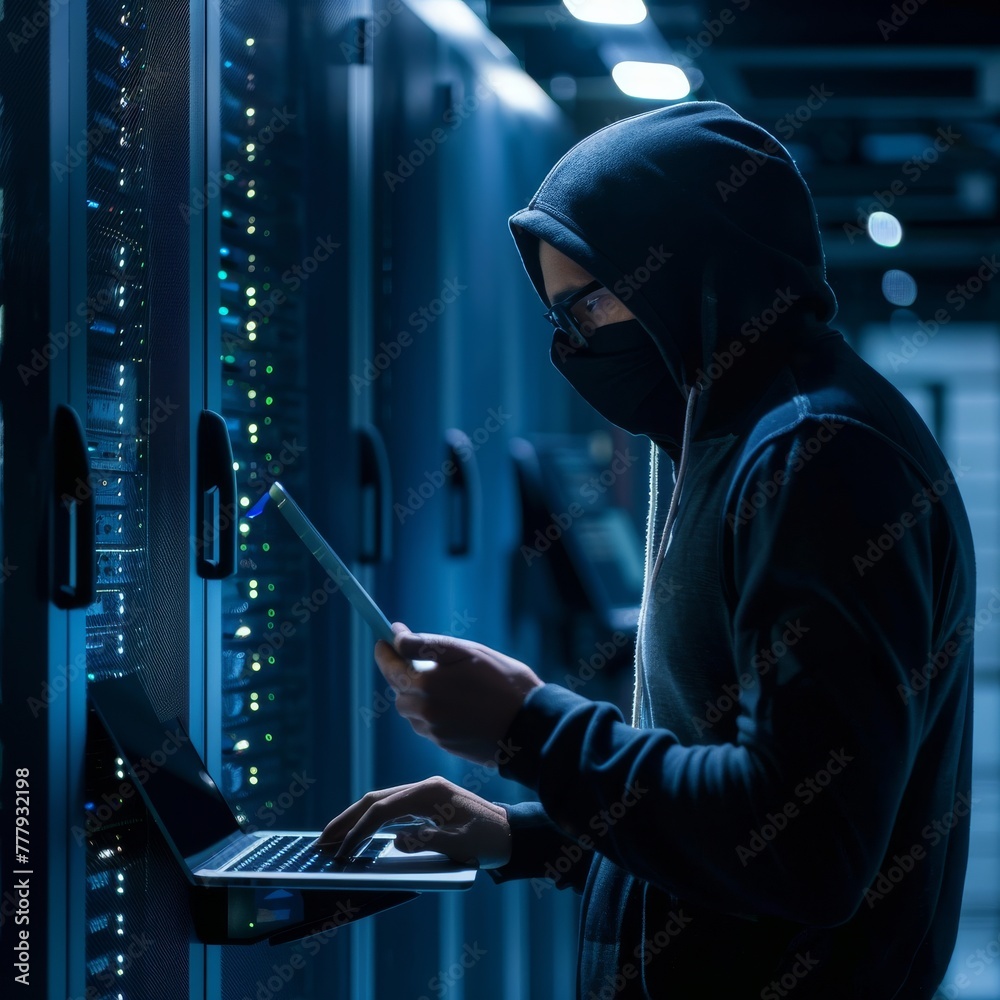 Symbolizing Computer Security Day: A Hacker Stealing Data from a Server. Concept Technology, Computer Security, Data Breach, Cybercrime, Online Privacy Job ID: a35eefaa-7151-47e2-aa12-6af2fa168486