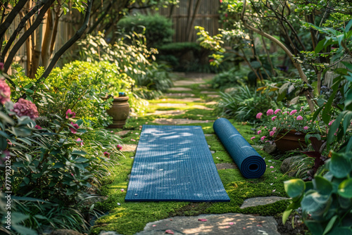 A bright blue yoga mat rolled out in a peaceful garden, surrounded by fresh greenery and flowers, the area bathed in the tranquil light of dawn