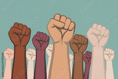 People raise fists in solidarity, symbolizing unity and strength