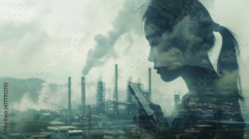 In this double exposure photograph, visualize an Thai person looking sideways while holding a smartphone, overlaid with an industrial cityscape. The backdrop features a factory emitting dust