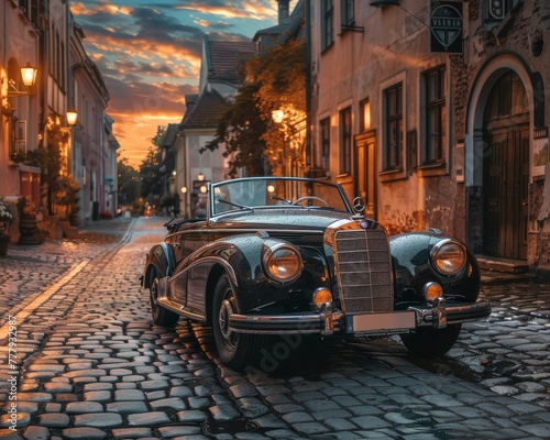 Vintage car with insurance contract aura, parked on cobblestone street, dawn's first light.