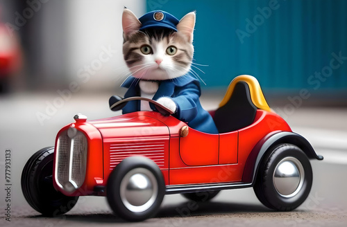 The cat is in the car. The kitten is cute in a toy car.