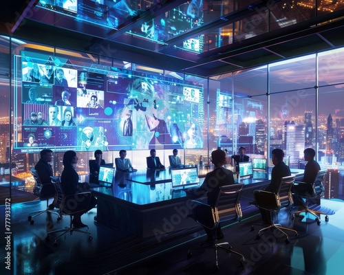 Virtual meeting room, holograms of global team members, cutting-edge collaborative technology