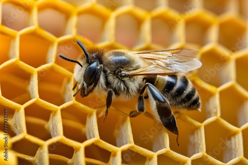 Photo Macro shot capturing bee up close amidst intricate honeycomb structure