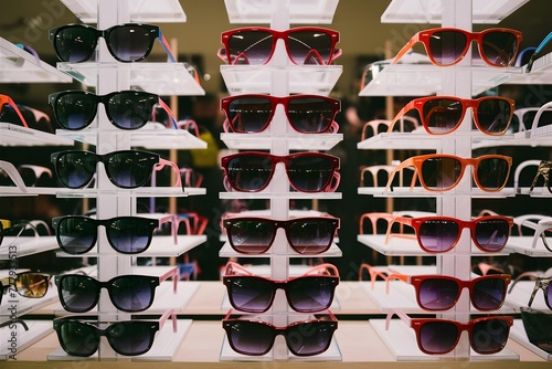 Photo Sunglasses displayed on counter offer variety for sale in store