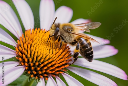 Pic Busy honey bee diligently pollinates flower petal in close up shot