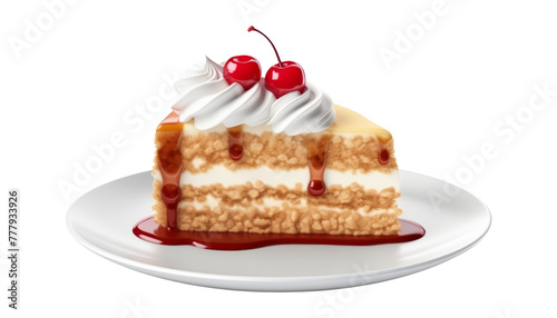 piece of cake with cherries on plate isolated on transparent background cutout