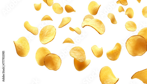 flying potato chips isolated on transparent background cutout