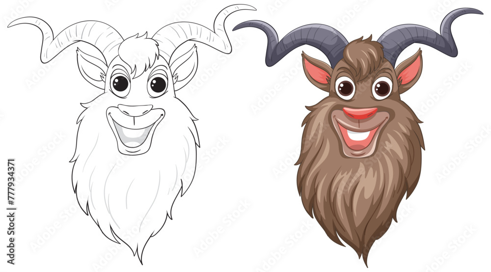 Two stylized goat faces, one colored and one line art. Two stylized goat faces, one colored and one line art.