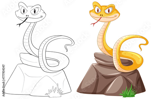 Two smiling snakes illustrated on stone surfaces.