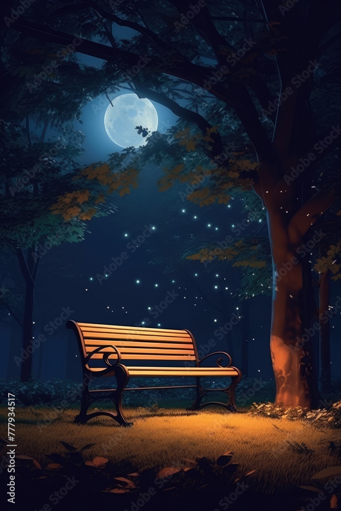 Bench in the park at night with full moon, 3d render
