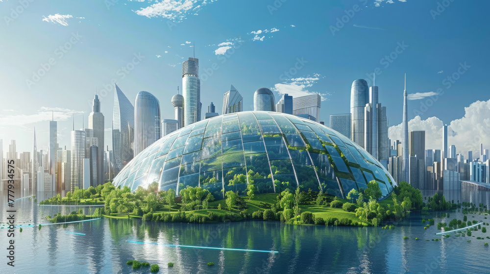 Obraz premium Eco-futuristic cityscape ESG concept full with greenery, skyscrapers, parks, and other manmade green spaces in urban area. Green garden in modern city