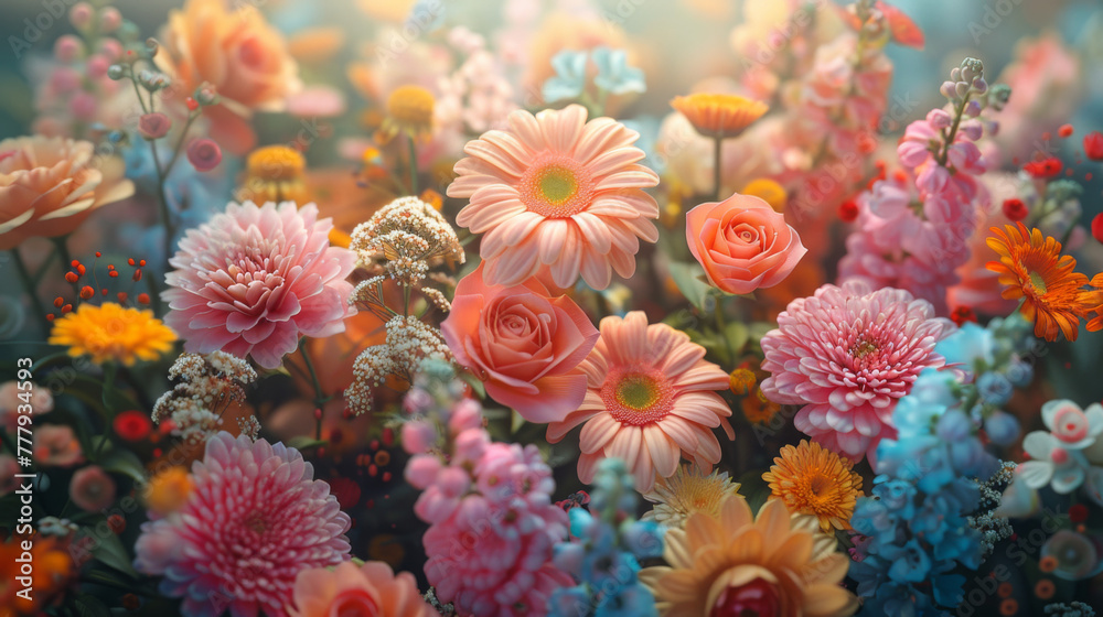 Seamless design. Colorful abstract flowers bouquet on a cream color background. Seamless design. Colorful abstract flowers bouquet on a cream color background.