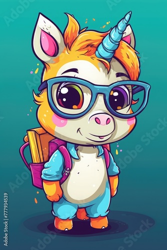 Cute cartoon unicorn with backpack and glasses. Vector illustration of a cute unicorn.