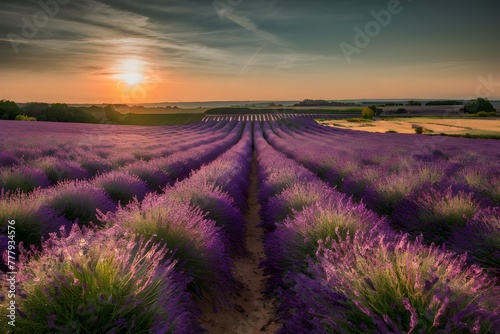 Picturesque lavender field in Brunet  France  under golden sunlight