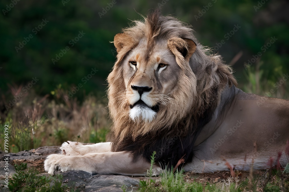 Portrait of mature lion, symbolizing strength in natural habitat Portrait of mature lion, symbolizing strength in natural habitat