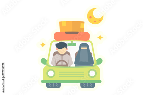 Muslim couple driving home for Eid Mubarak celebration. Homecoming sticker illustration.