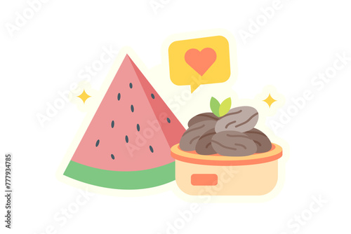 Dates and watermelon dishes for Eid al-Fitr sticker illustration.