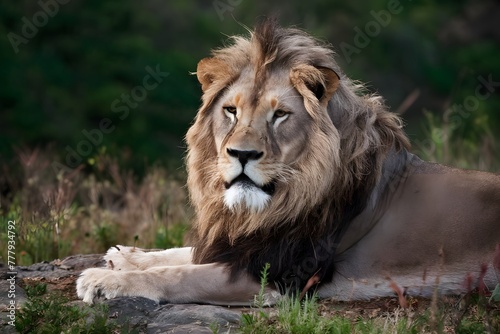 Portrait of mature lion  symbolizing strength in natural habitat