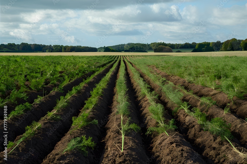 Professionally cultivated carrot rows stretch across the field