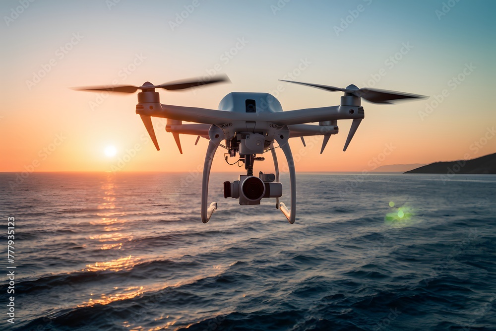Quadrocopter equipped with camera captures scenic view over sea Quadrocopter equipped with camera captures scenic view over sea