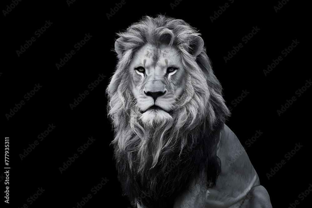 Regal lion king portrayed in majestic isolation against black background Regal lion king portrayed in majestic isolation against black background