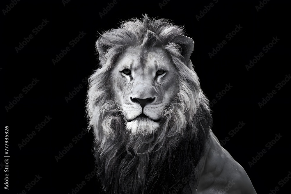 Regal lion king portrayed in majestic isolation against black background