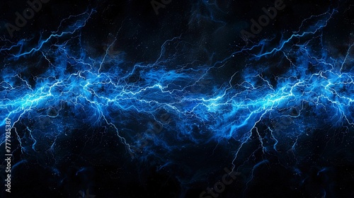 Electric Lightning Storm, black background with bolts of blue lightning streaking across the sky