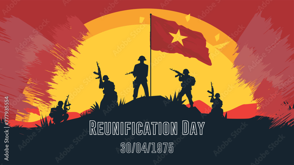 Vietnam reunification day background with flag and soldiers
