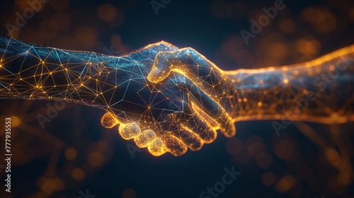 Two wire-frame glowing hands, handshake, technology, business, trust concept. photo