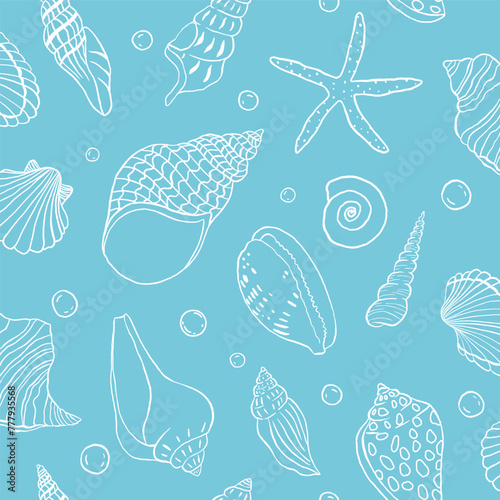 hand drawn Seashells line art seamless vector pattern