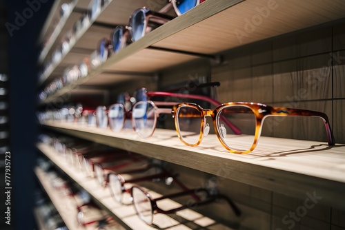 Selective focus highlights glasses displayed on shelf in optics store