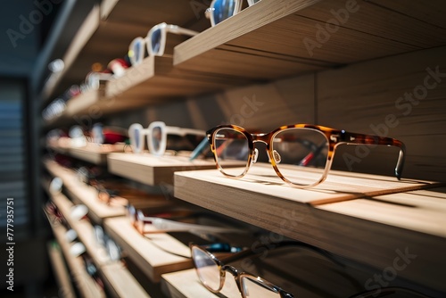 Selective focus highlights glasses displayed on shelf in optics store photo
