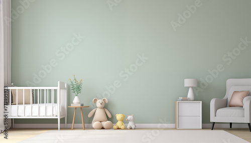 Modern minimalist nursery interior with crib soft toys nightstand lamp and houseplant in front of an empty green wall photo