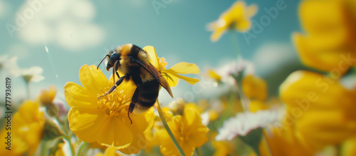 Springtime flower and a bee with copy space banner  Close up of a large striped bee collecting pollen on a yellow flower Summer and spring backgrounds